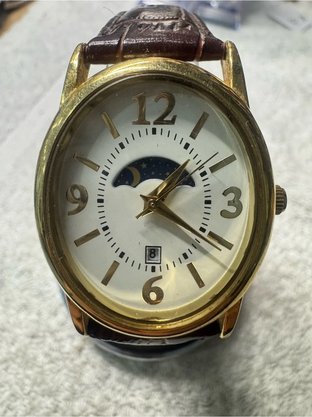 Classic Moonphase Gold-Tone Men’s Watch with Brown Leather Strap